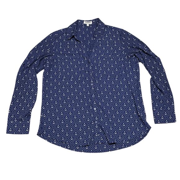 Express Portofino Shirt Original Fit Large Blue Anchor Print polyester nautical - Picture 1 of 6